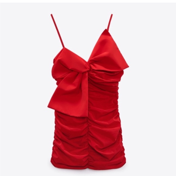 Zara Dresses & Skirts - Zara red bow ruched mini dress - large
